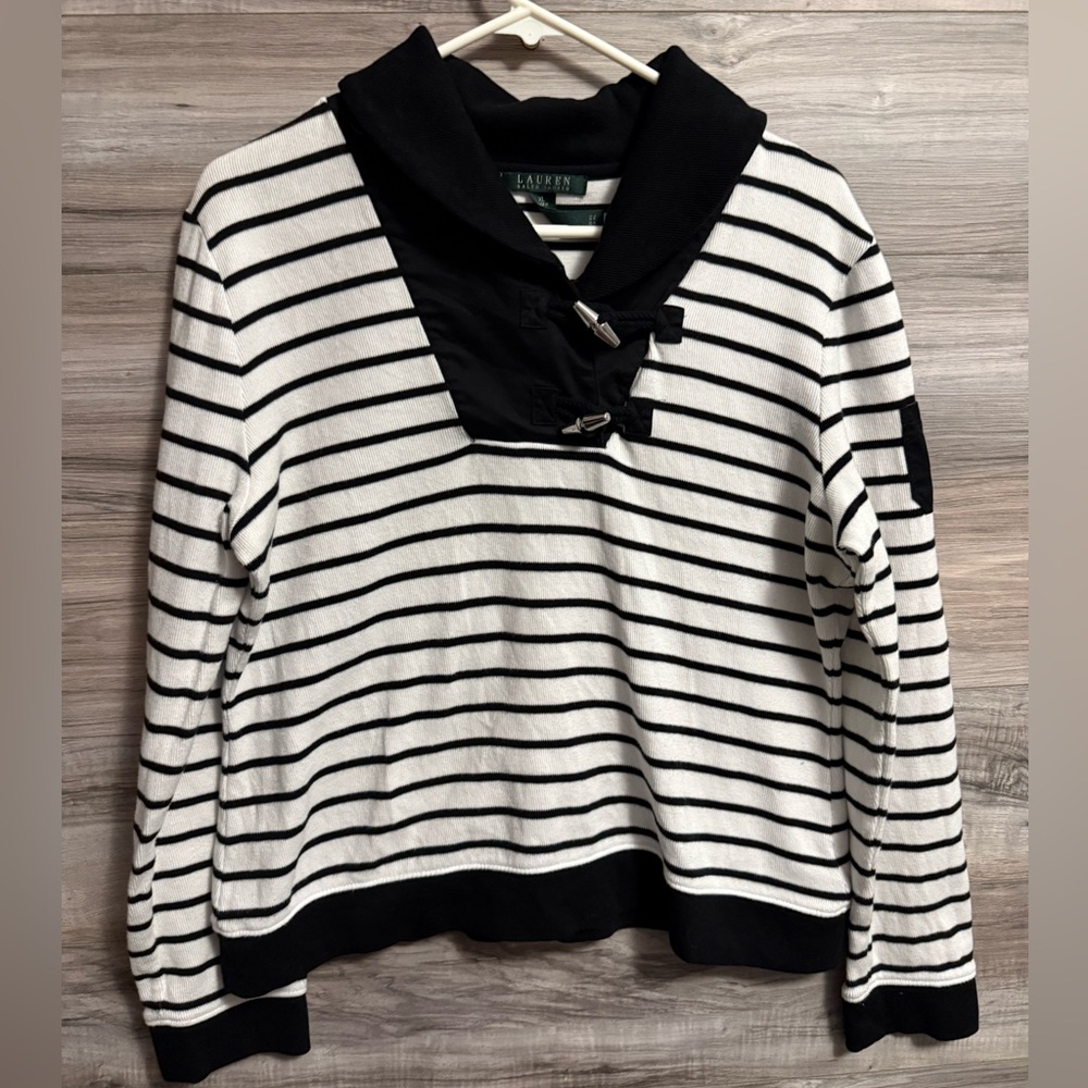 LAUREN RALPH LAUREN Sweater Black And White stripes Shawl Toggle buttons